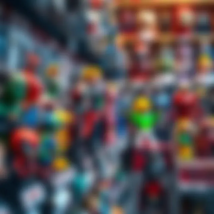 A variety of collectible figures displayed on a shelf with price tags, showing options for collectors to find affordable prices.