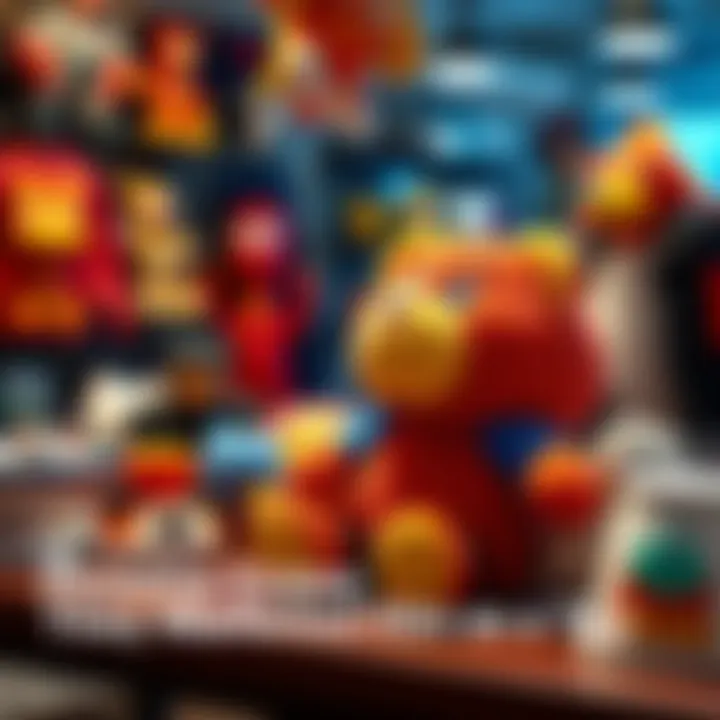 A colorful plush toy resembling a popular character, designed for fans and collectors, sitting on a table surrounded by other merchandise.