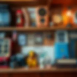 A collection of various physical items including vintage toys, coins, and books displayed on a wooden shelf, showcasing the joy of collecting.