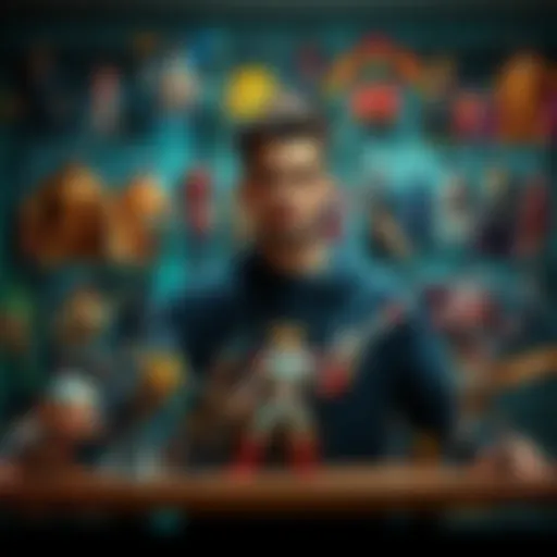 A person showcasing a collection of action figures on a shelf, highlighting various characters and styles, creating an inviting display for collectors.