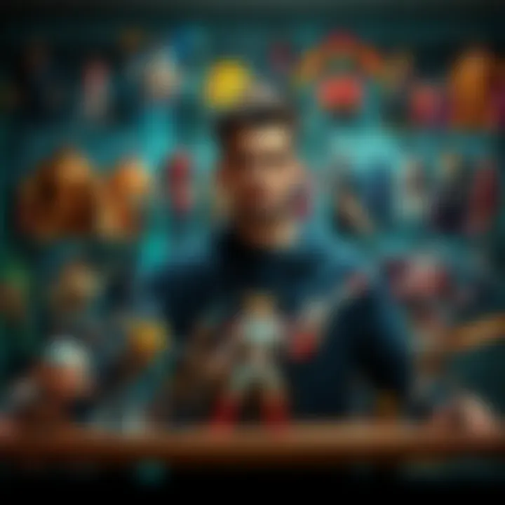 Collector Displaying Figures A person showcasing a collection of action figures on a shelf, highlighting various characters and styles, creating an inviting display for collectors.