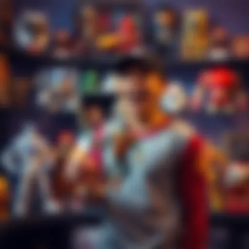 A joyful collector holds a newly arrived figure, surrounded by other displayed collectibles, showcasing excitement and anticipation.