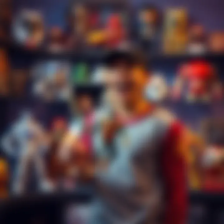 A joyful collector holds a newly arrived figure, surrounded by other displayed collectibles, showcasing excitement and anticipation.