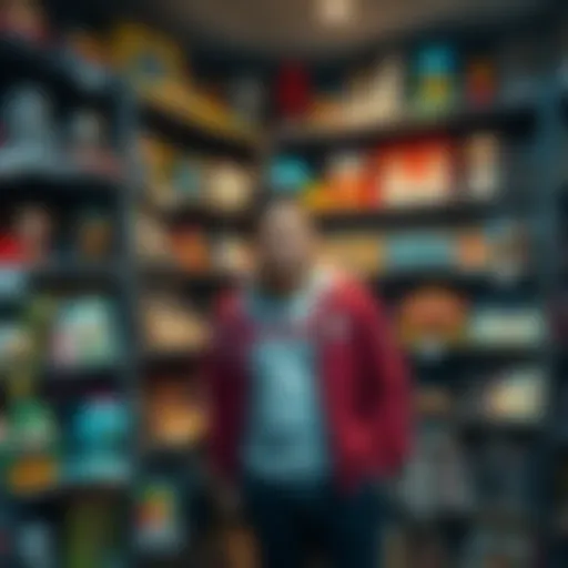 A person stands proudly next to shelves filled with various collectibles, showcasing their expansive collection over the years.