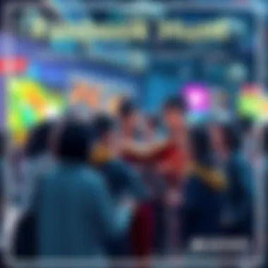 Collector searching for fanbook A group of people discussing and sharing leads about a rare fanbook in a vibrant community setting