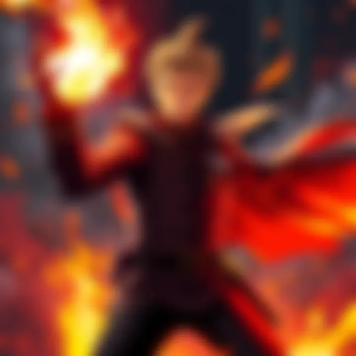 Colonel Mustang using fire powers Colonel Mustang unleashing flames against a homunculus in a battle scene