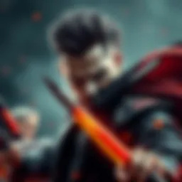 Colonel Mustang in a dramatic pose, now resembling Lust, with a fierce expression and dark attire. The background hints at a battle scene, showcasing intense emotions.