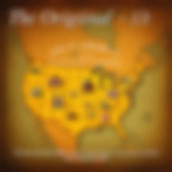 A vintage map showing the original 13 colonies of America with notable landmarks