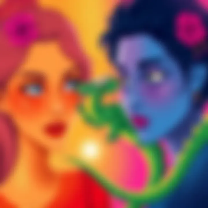 A vibrant illustration showing shades of colors: lighter hues representing women and darker tones representing men, with a green dragon symbolizing the connection.