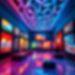 A vibrant exhibition featuring various 2D artworks from different artists, showcasing bold colors and unique styles.