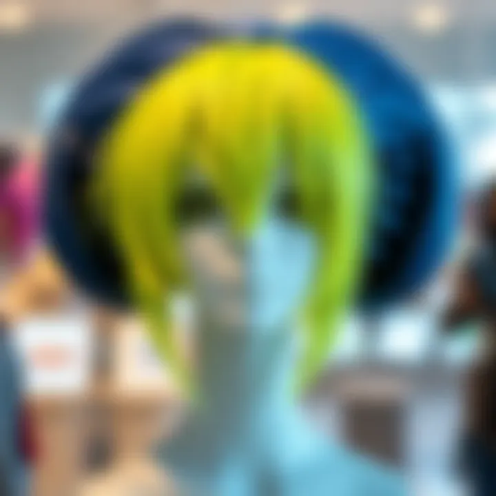 A vibrant green and blue wig styled for an alien cosplay, showcased against a clear background.