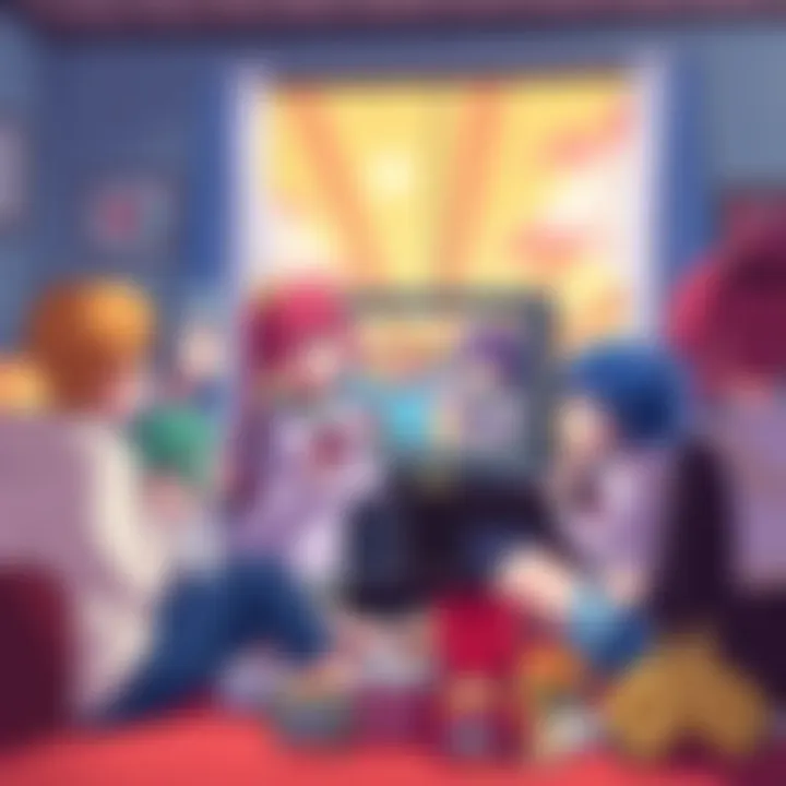 Colorful anime characters watching TV A group of diverse anime characters sitting together and watching a television, surrounded by snacks and excitement