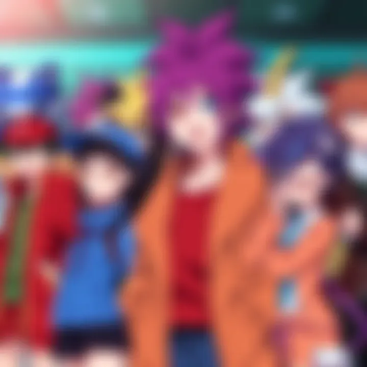 A group of diverse anime characters in vibrant clothing showcasing unique styles and expressions