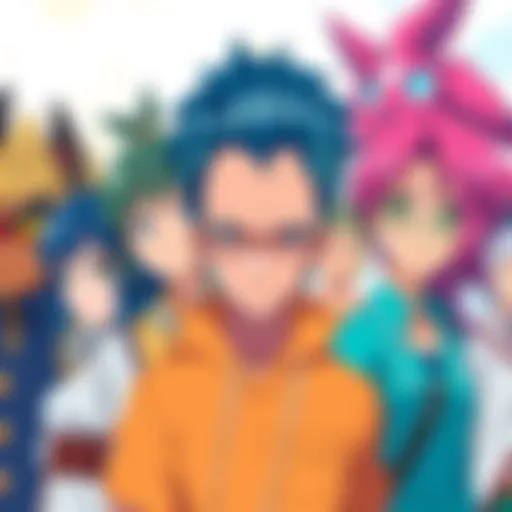 A group of vibrant anime characters with unique designs and expressions, showcasing their diverse personalities and styles, set against a bright background