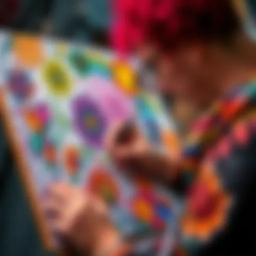 An artist coloring a panel with vibrant markers and pencils, showcasing bright hues and creative designs.
