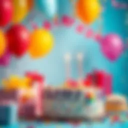 A joyful birthday scene with a cake, balloons, and decorations celebrating a special day.