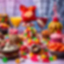 A vibrant assortment of candies and desserts on a table, showcasing various sweet treats like gummies, chocolates, and pastries.