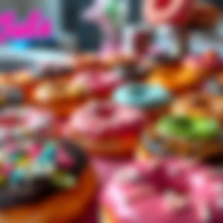 Colorful donuts on display A variety of colorful donuts arranged on a table, showcasing different toppings and flavors, inviting discussion about their classification as candy or treats.