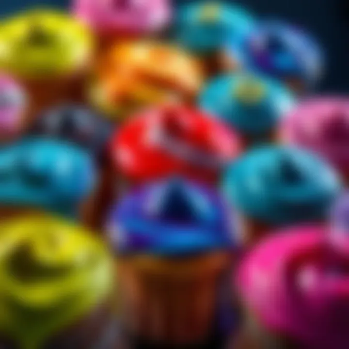 An array of desserts topped with vibrant glazes, showcasing different colors and textures