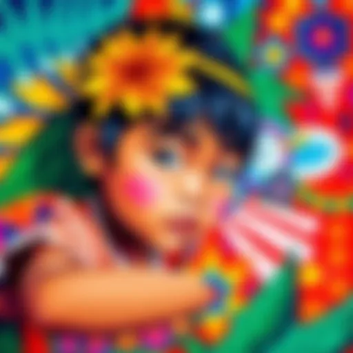 A vibrant Keiki painting showcasing bright colors and cultural patterns created by a child artist