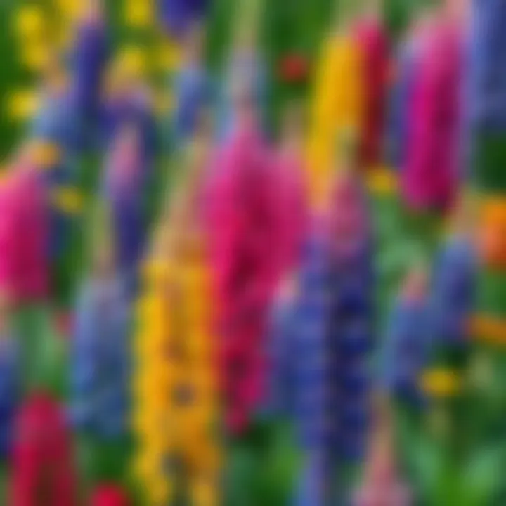 A vibrant display of different lupin flower varieties, showcasing their colorful blooms in a garden setting.