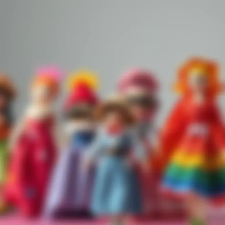 A collection of handmade paper dolls dressed in various artistic outfits, showcasing creativity and fun in character design.