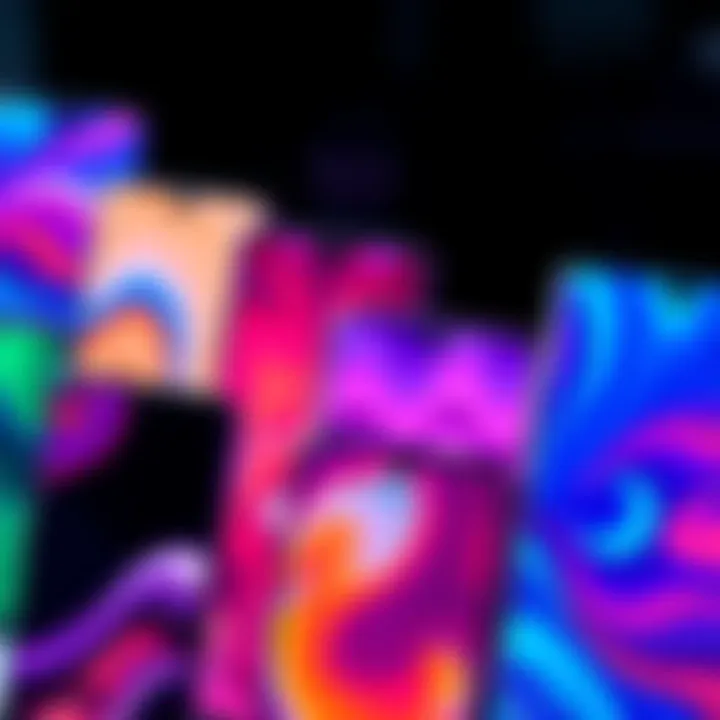 A collection of vibrant phone wallpaper designs showcasing various patterns and styles