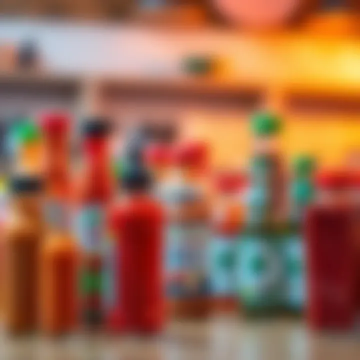A variety of popular sauces in colorful bottles arranged on a table, showcasing different flavors and textures.