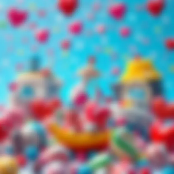 A vibrant scene featuring various ships from popular fandoms decorated with hearts and candies, showcasing a joyful atmosphere of fan creativity.
