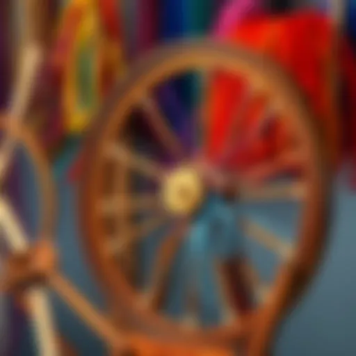 Colorful spinning wheel A spinning wheel with colorful yarn and hands skillfully working on a spindle.