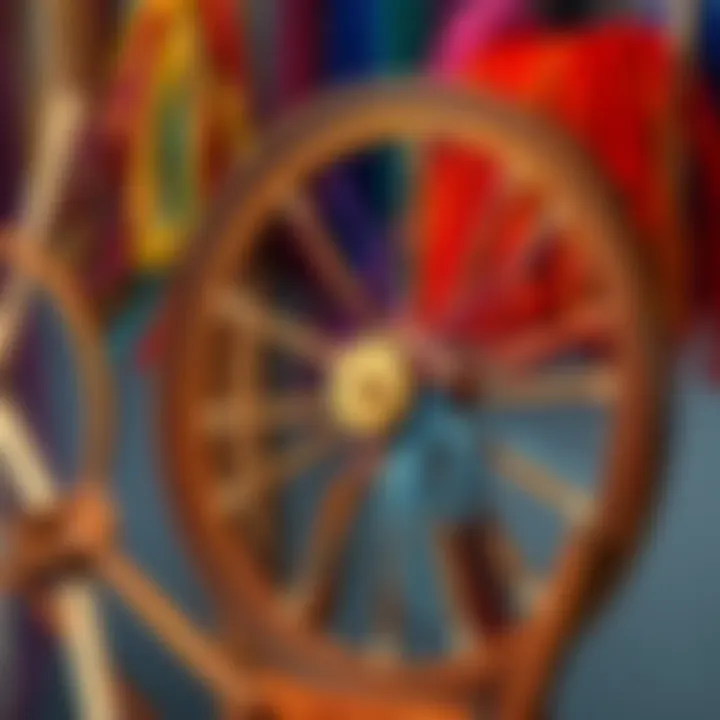 Colorful spinning wheel A spinning wheel with colorful yarn and hands skillfully working on a spindle.