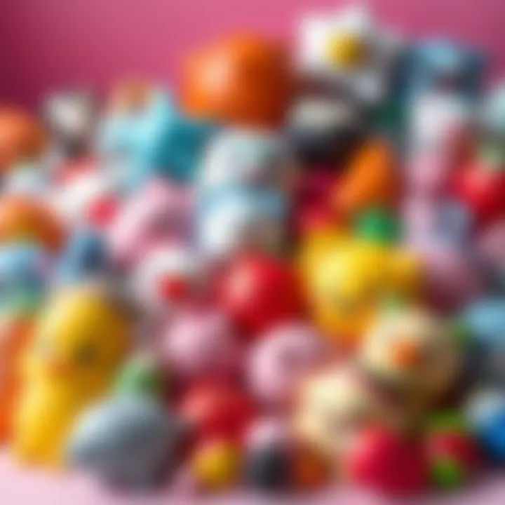 A variety of squish toys including animals and food items displayed together, showcasing their bright colors and soft textures.