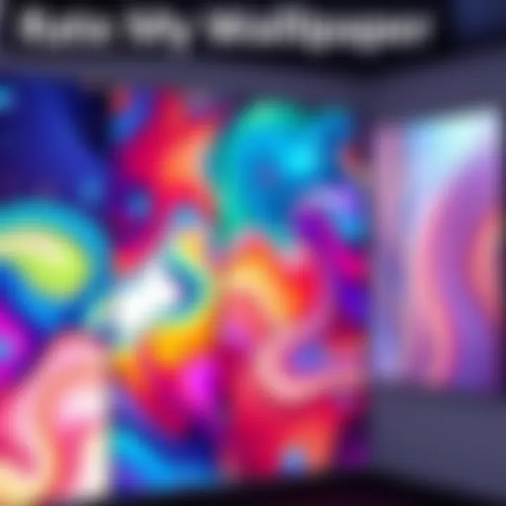 A collection of vibrant wallpaper designs displayed on a wall for feedback.