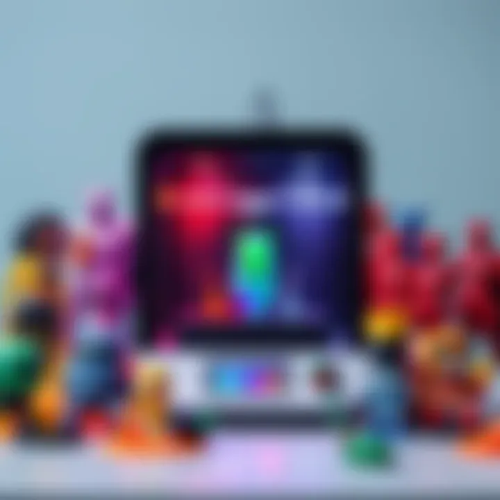 A fast, multi-color 3D printer surrounded by vibrant cosplay models and materials, showcasing its printing capabilities.