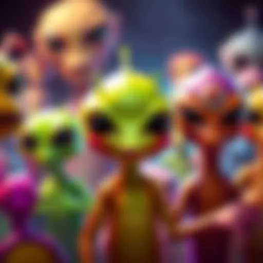 A mix of cute and spooky alien characters from comedy and horror stories, featuring vibrant colors and playful designs.