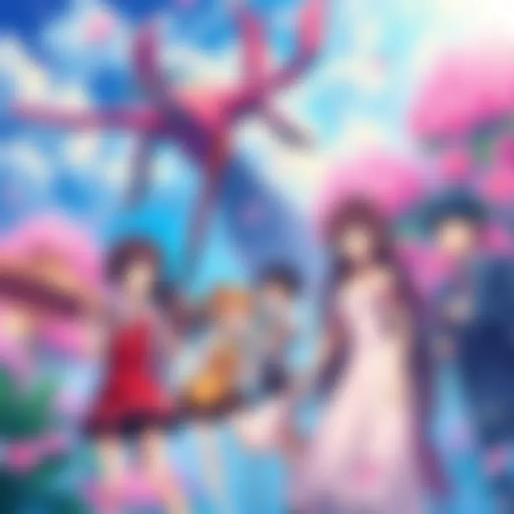 Colorful Anime Art A vibrant scene showcasing characters from anime with beautiful animation quality and stunning visuals, featuring lush backgrounds and dynamic poses.
