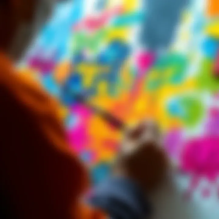 An artist is coloring a vibrant panel with various shades, showcasing the creative process with brushes and paints.