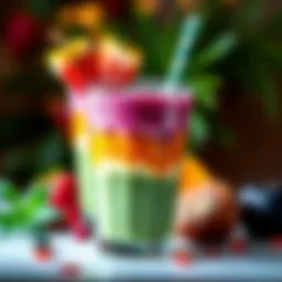 Colorful Awooby Smoothie A vibrant smoothie made with fresh fruits and Awooby ingredients in a clear glass, garnished with a slice of fruit and a straw