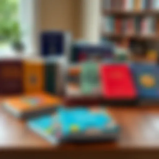 An arrangement of beautifully designed book covers in various colors on a wooden table