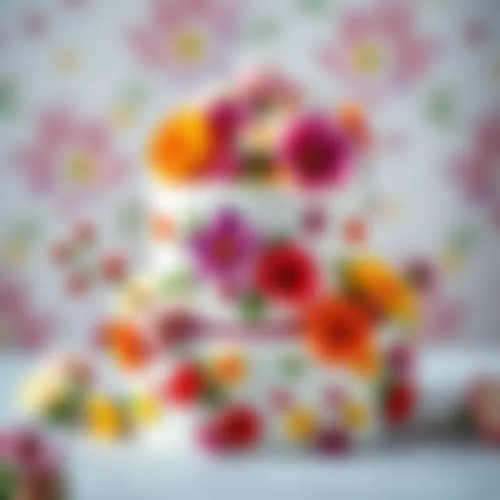 A beautiful, multi-layered cake adorned with vibrant flowers and intricate designs, representing creativity and skill in baking.