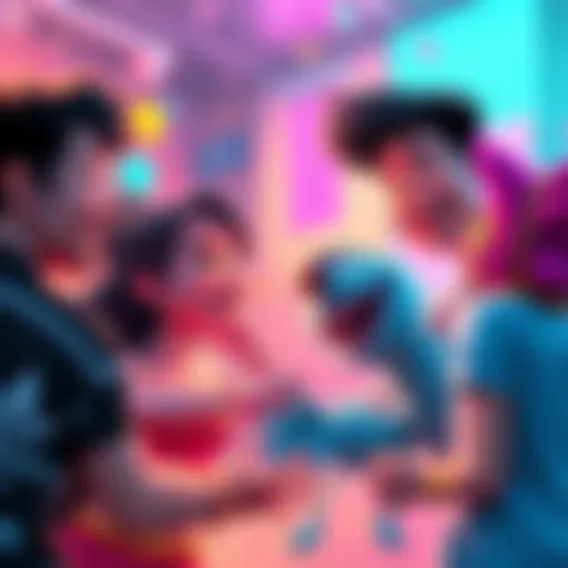 A vibrant scene showing characters engaging with each other in humorous ways, surrounded by bright colors and playful expressions.