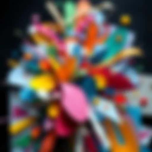 A vibrant collage made of various materials like paper and fabric, featuring different shapes and colors that create a unique artistic expression.