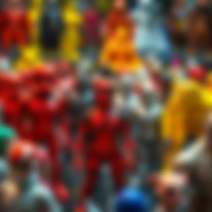 A display of various collectible figures in different colors, highlighting the red version prominently