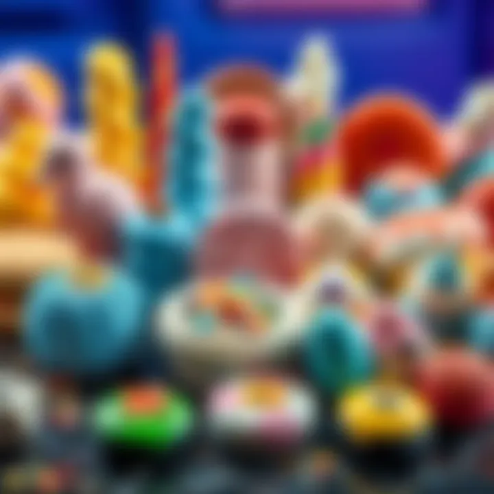 Colorful Concrete Edibles Display A variety of colorful concrete edibles arranged on a table, showcasing unique shapes and textures of snacks and treats.