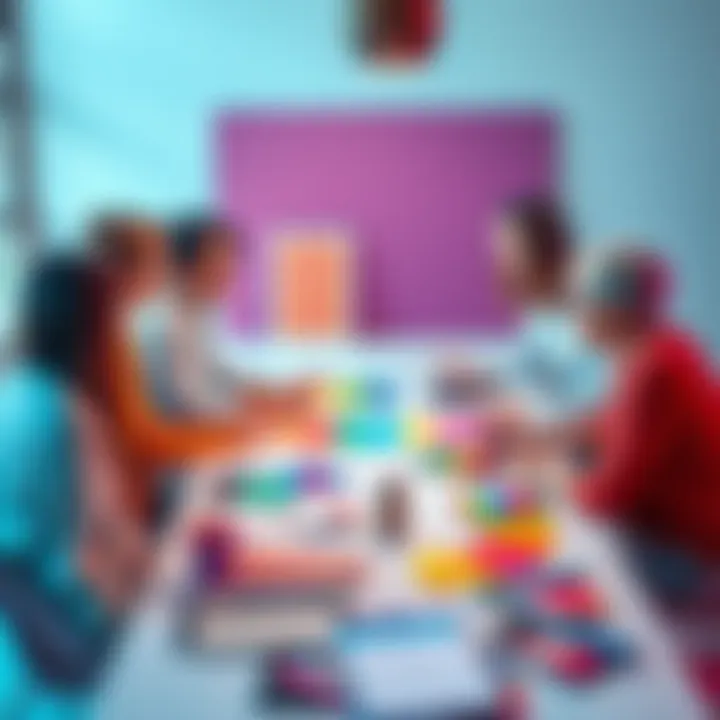 A group of people discussing color palettes around a table with colorful swatches and materials
