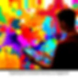 A vibrant digital artwork showcasing abstract shapes and colors, symbolizing current trends in digital art, with a creative artist working on a tablet