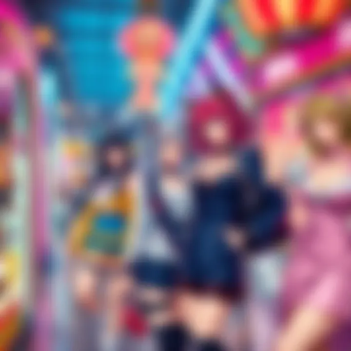 A group of attractive female characters with stylish outfits in a vibrant gacha game setting.