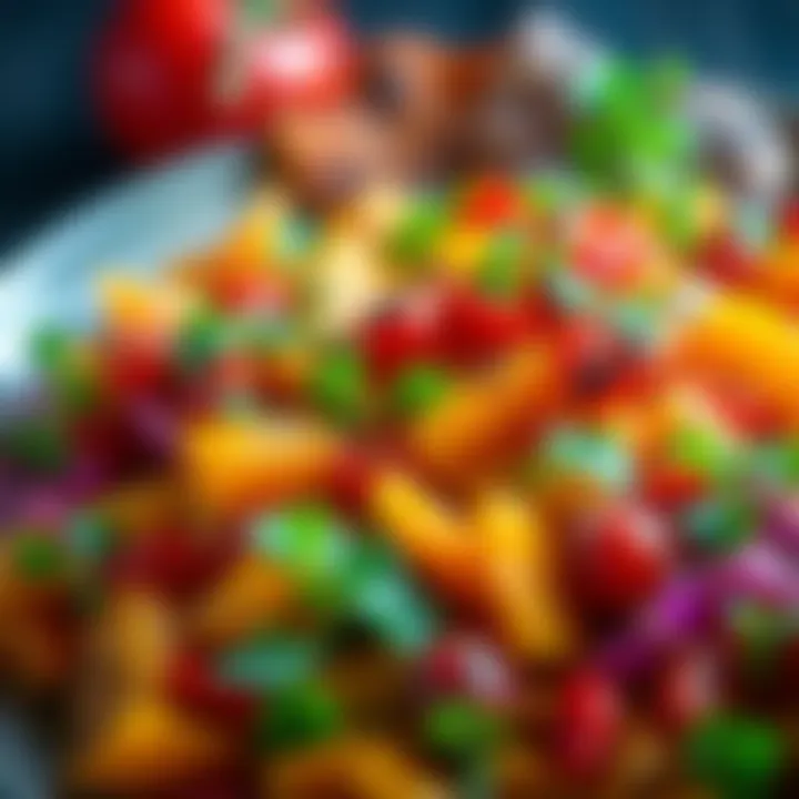 A vibrant, beautifully arranged dish garnished with fresh herbs and colorful vegetables, showcasing its rich flavors and artistic presentation.