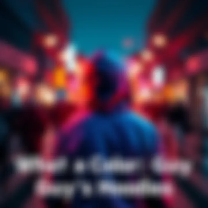 A person stands with their back to the camera, showcasing a bright hoodie in shades of red and blue, reflecting a lively scene.