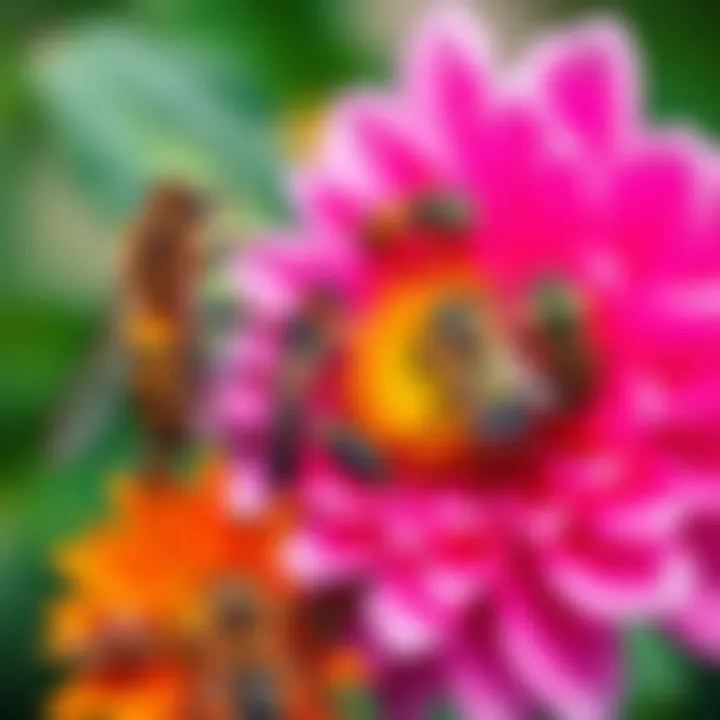 Close-up of different insects like butterflies and bees on vibrant flowers